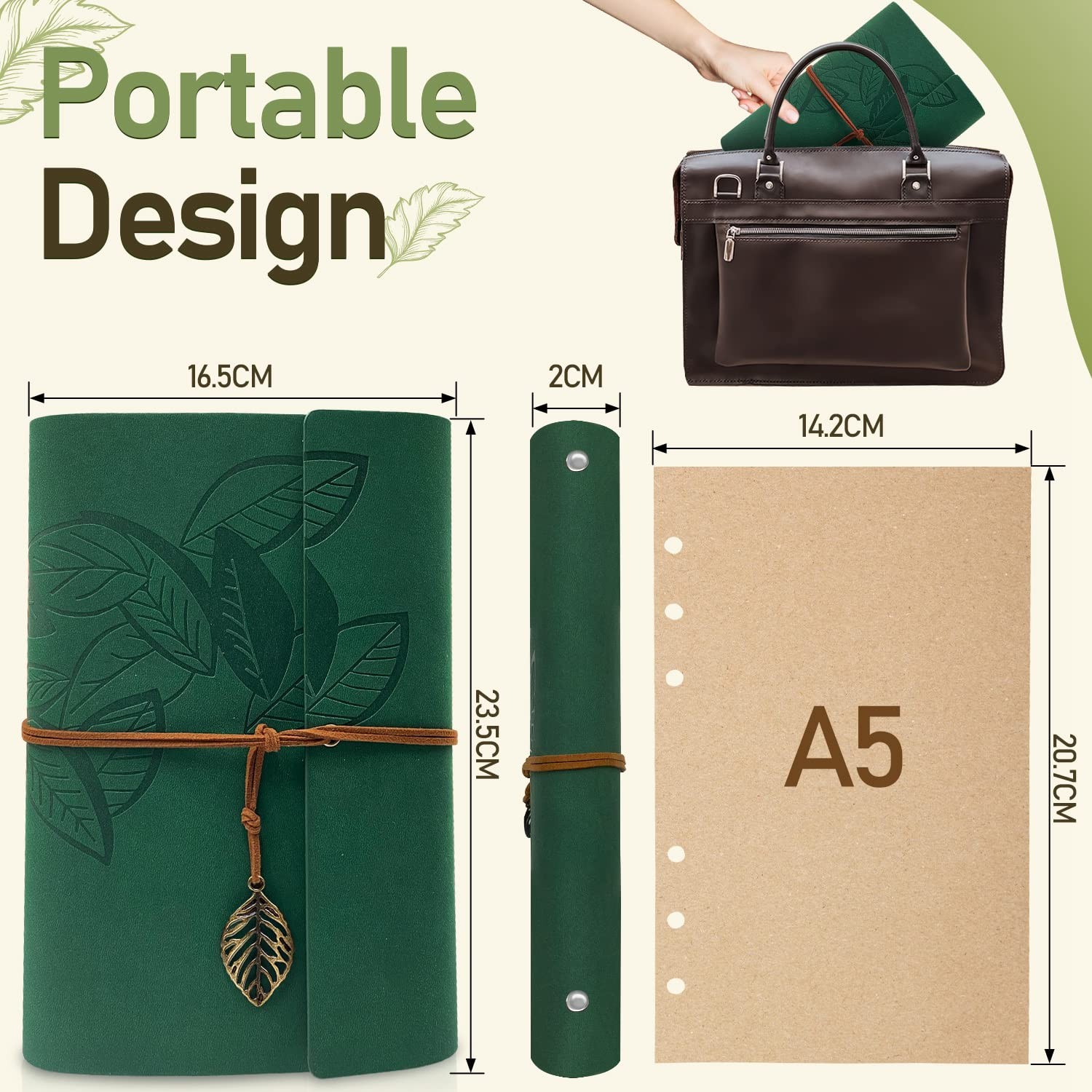 PU Leather Journal Notebook, Vintage Refillable Bound Travel A5 Grün, Green