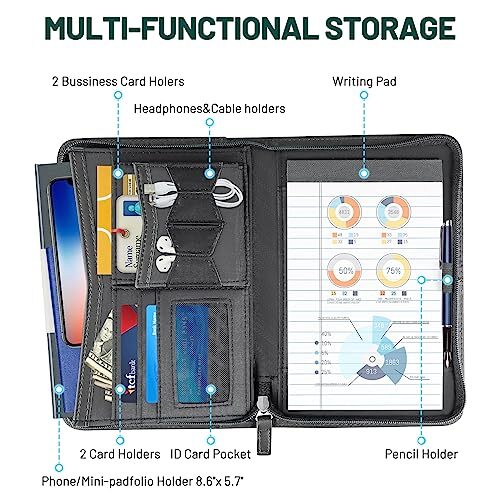 Padfolio Portfolio Organizer Binder, Interview Resume Folder, Small(black）