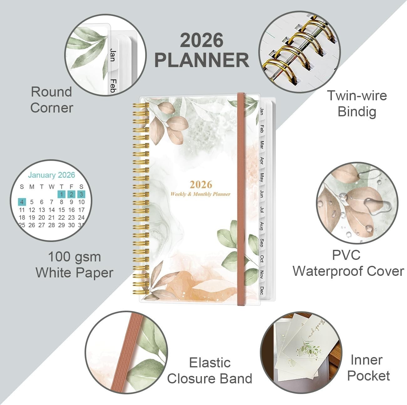 2025-2026 Pocket Calendar – Elegant Rose Leaf Planner with Ample Writing Space