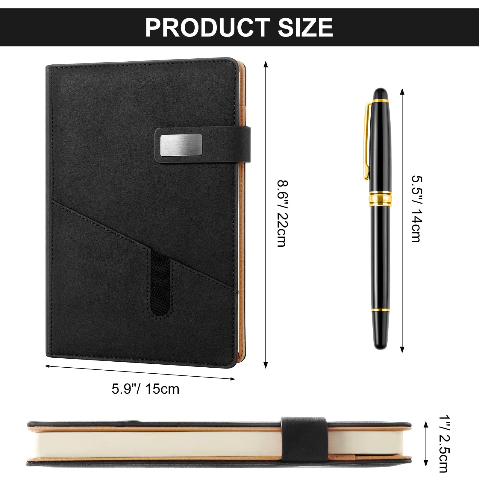 A5 Lined Leather Journal with Pen, 240 Pages Refillable Paper, Black