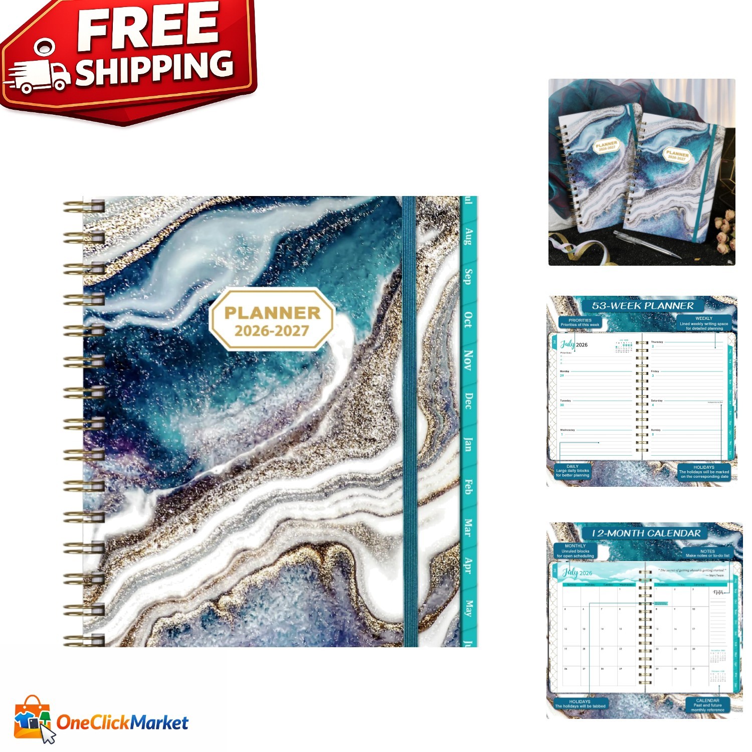 Comprehensive Planner 2026-2027 for Men & Women – Blue, Elastic Closure, Compact