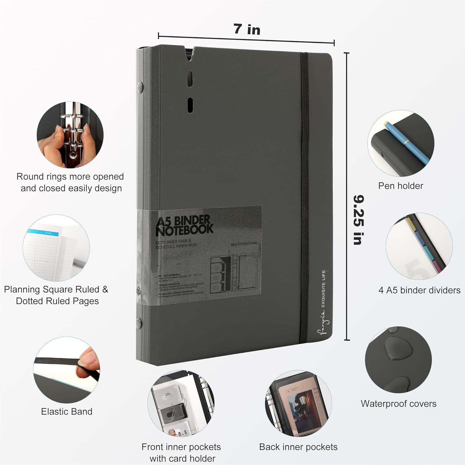 CAGIE A5 Binder 6 Ring Notebook with Dividers Daily&Dot Page, Grey