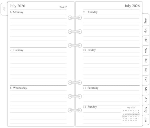 Planner Refill 3.75×6.75 Inch Jul 2026 Jun 2027 Weekly Monthly A6 Ring Binder
