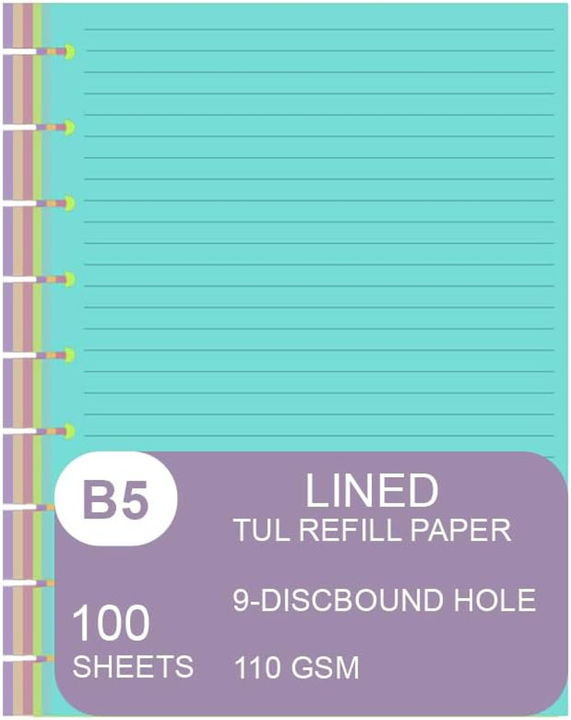 9 Discbound Lined Colorful Refills Paper, 100 Sheets (200 Pages), 9 Disc Pre-Pun