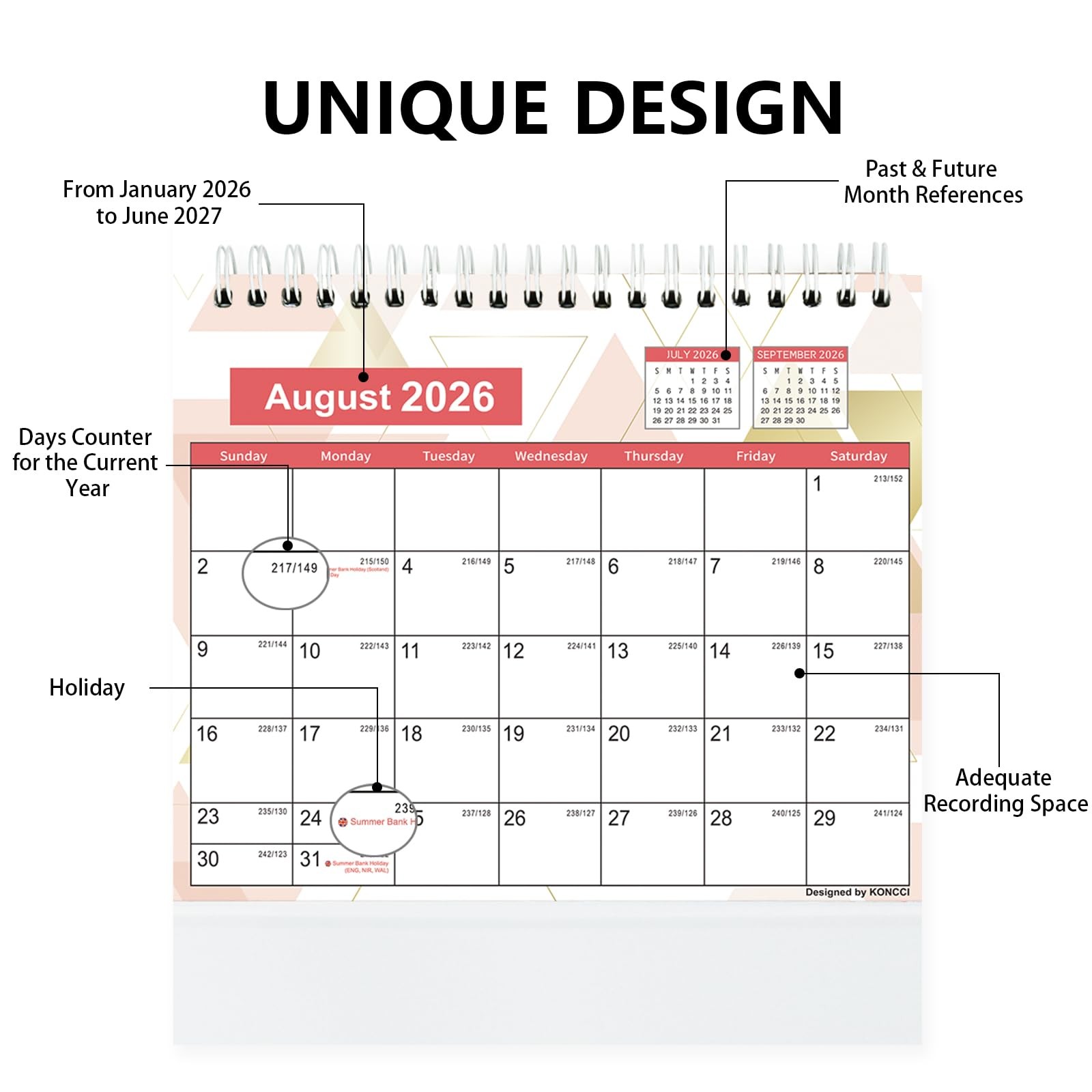 Small Desk Calendar 2026-2027, Koncci Standing Flip 8.5 x 7 inches, Colorful