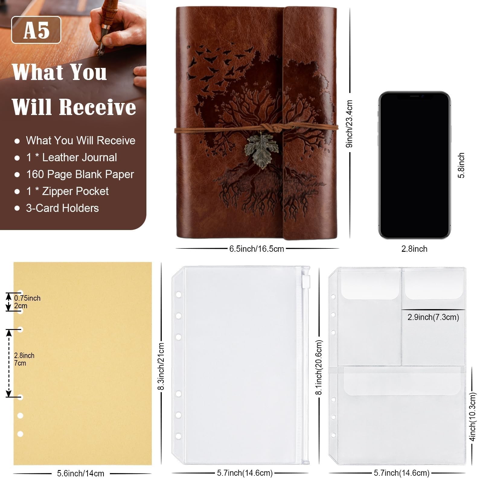 Leather Journals Notebooks with Blank Pages, Vintage Refillable A5, Brown