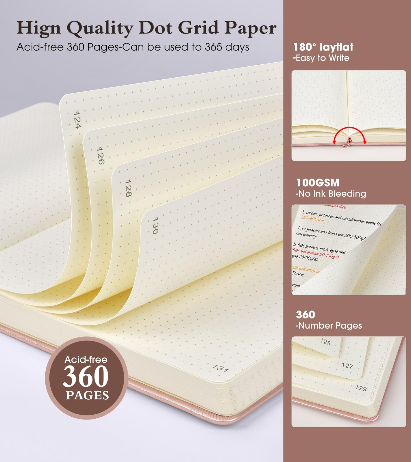 Ansopu Dotted Journal Notebook, 360 Numbered Pages Dot Grid Notebooks 8.5 x 11,
