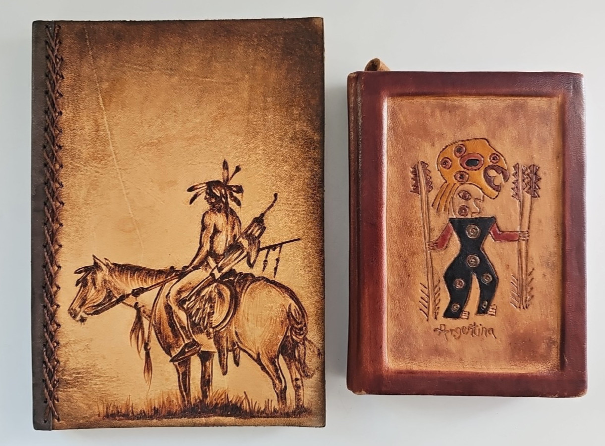 Lot of 2 Tooled Handmade Leather Blank Journals Brown Unlined (Almost Unused)