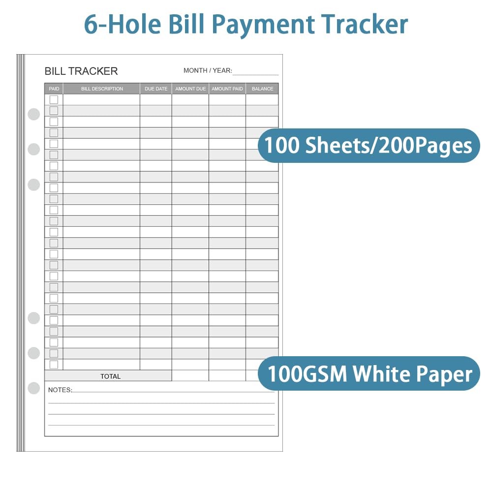 Bill Payment Tracker Refills – 100 Sheets/200 5.5 X 8.5 inches, White 6 Hole