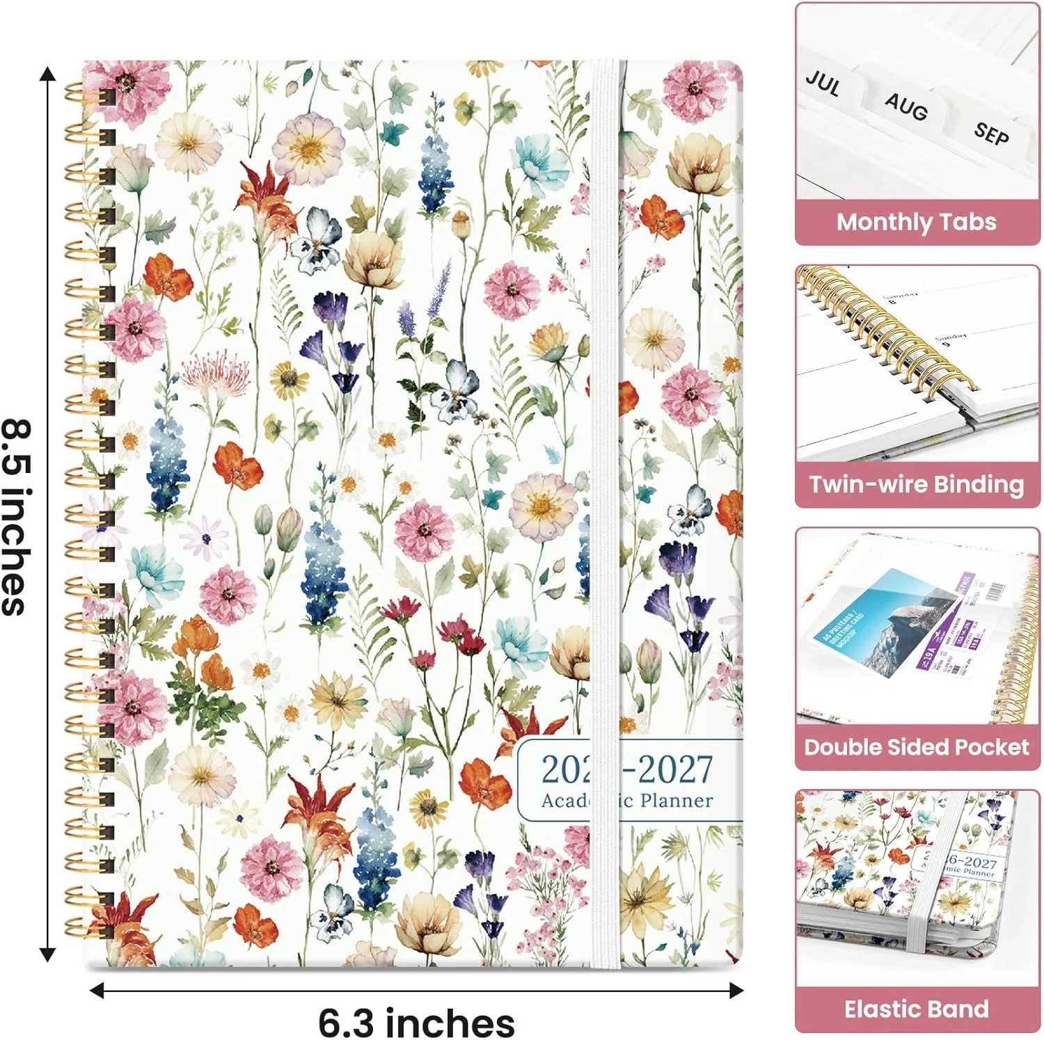 2026 Weekly and Monthly Planner Hardcover Spiral Bound Wildflowers 6.3″ x 8.5″