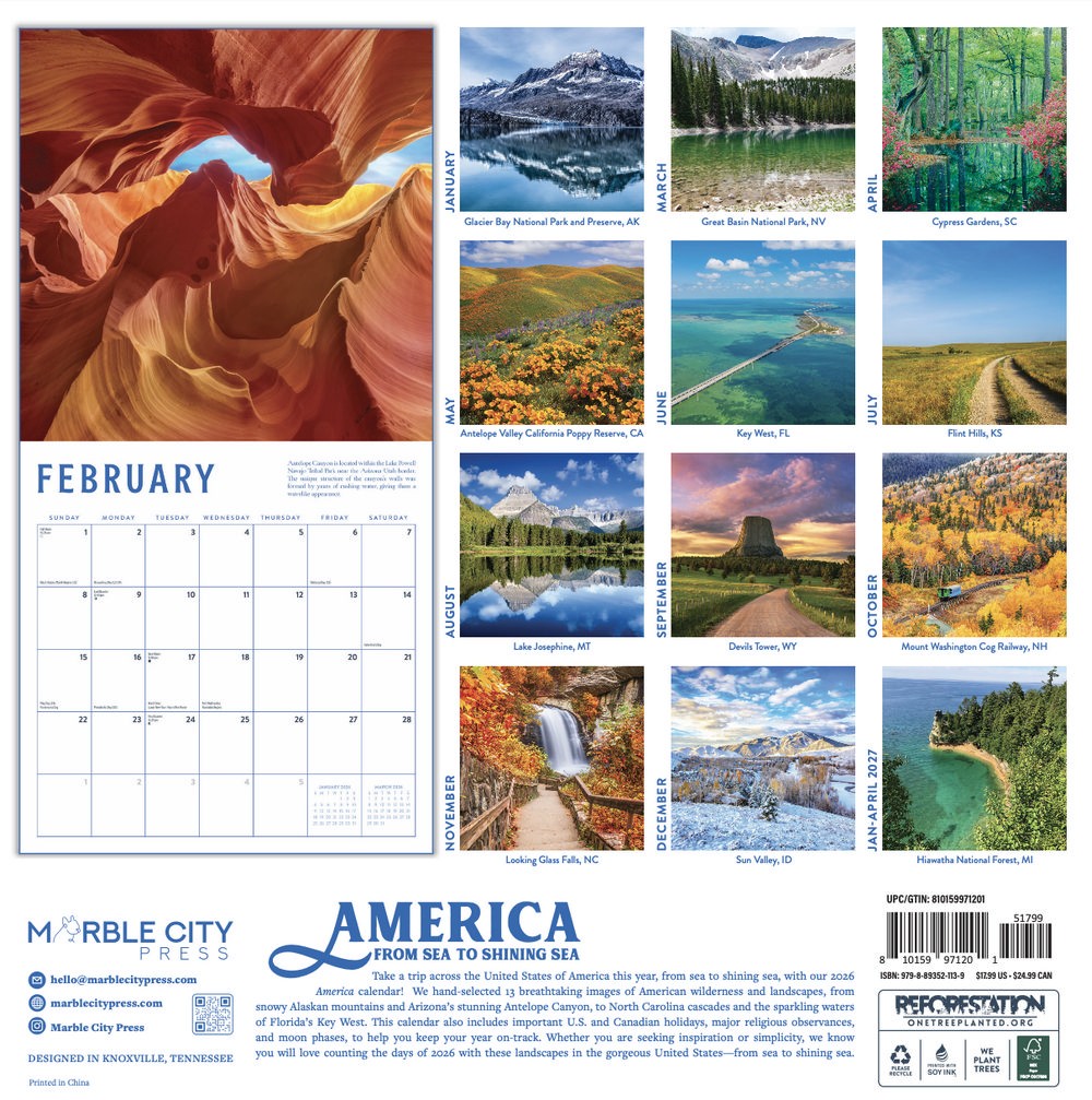 American Landscape Calendar 2026 | 12″ x 24″ 12 Months | Marble City Press