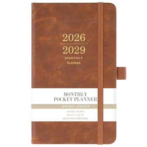 3-Year Monthly Pocket Planner 2026-2029, Faux Leather, 3.8″x6.3″, Pen Holder, 2