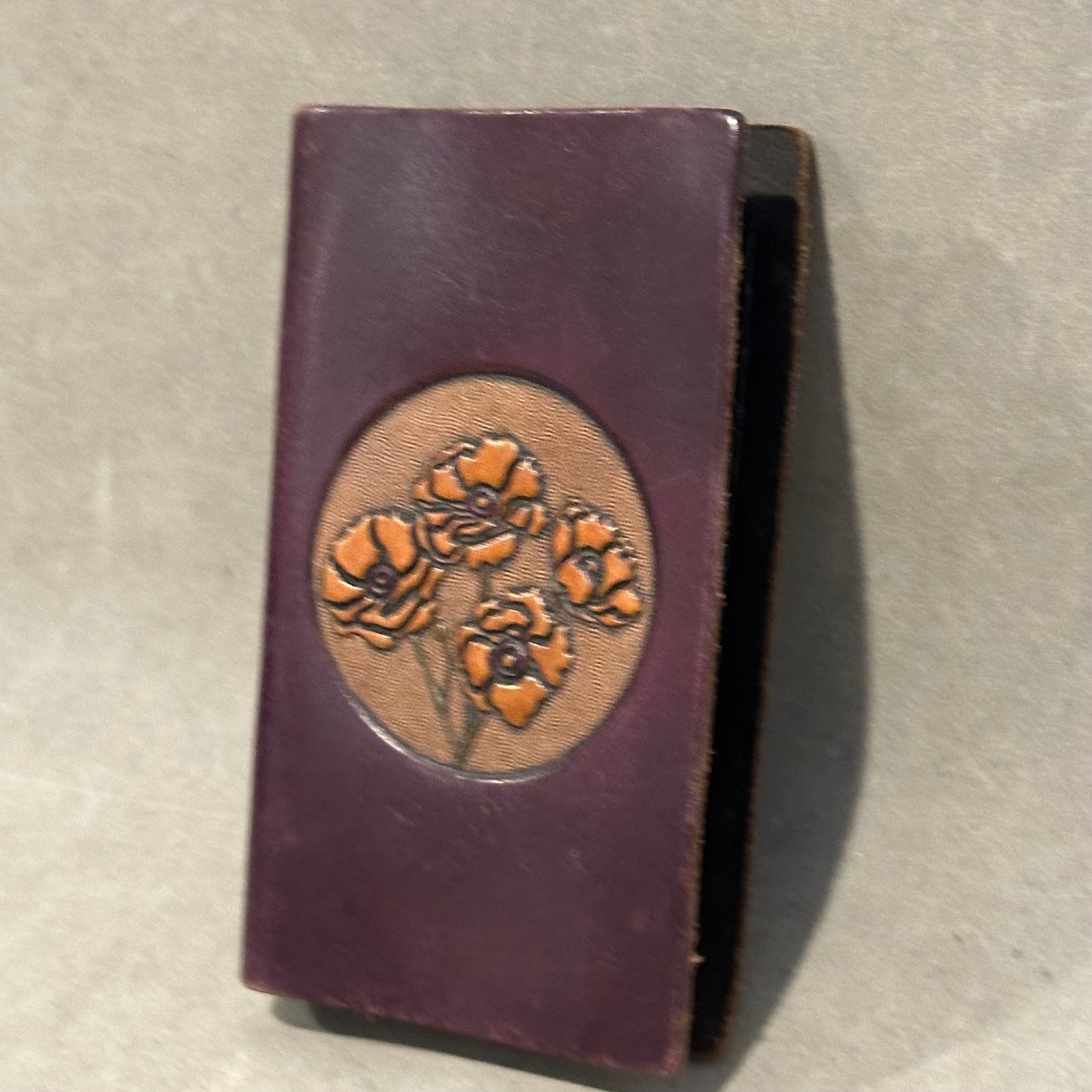 Vintage Tooled Leather Pocket Address Book Purple Poppy Floral Hand Crafted 5.5″