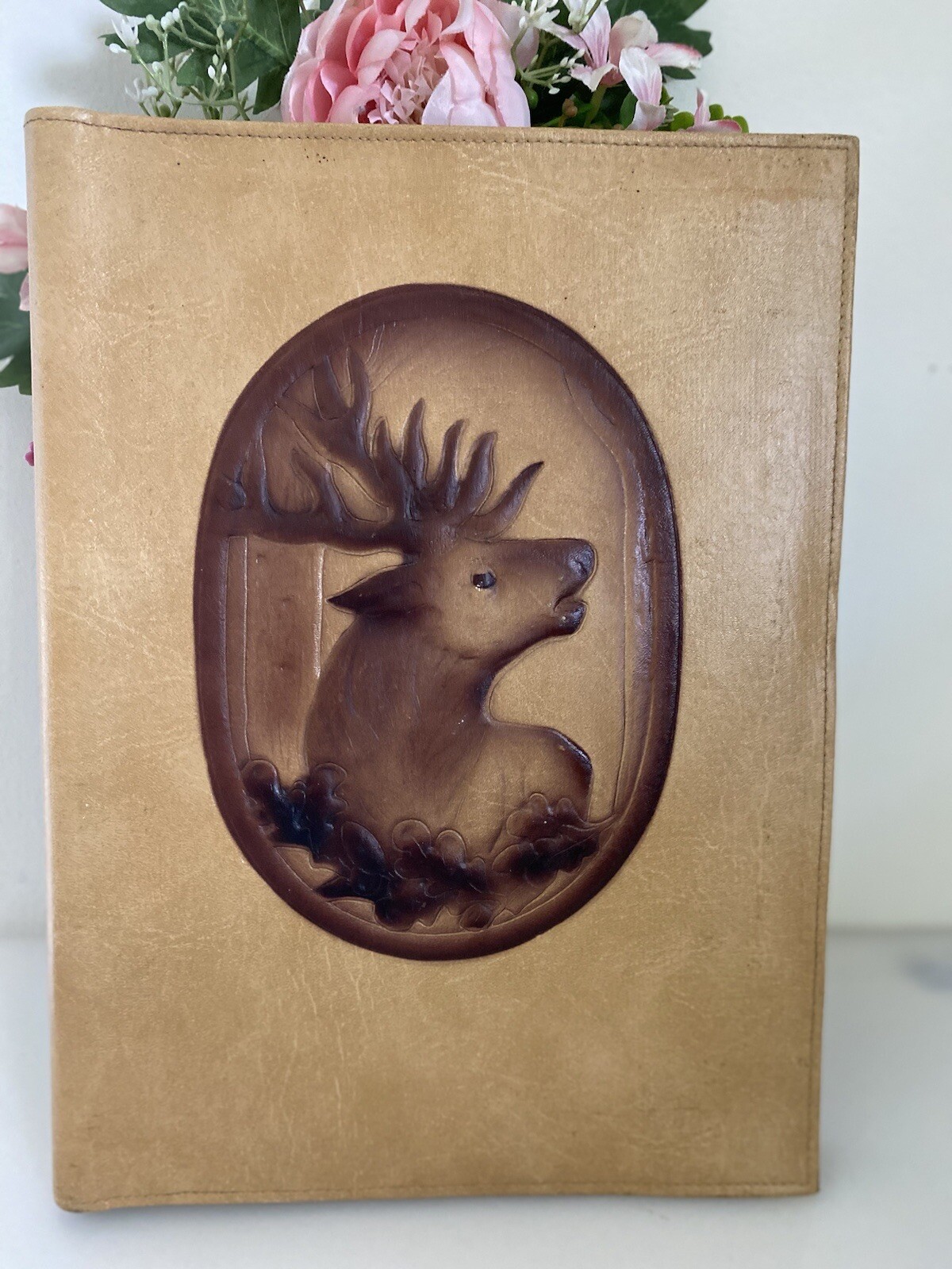 Vintage Business Leather Art Folio Padfolio Cover Embossed Tooled Deer Handmade