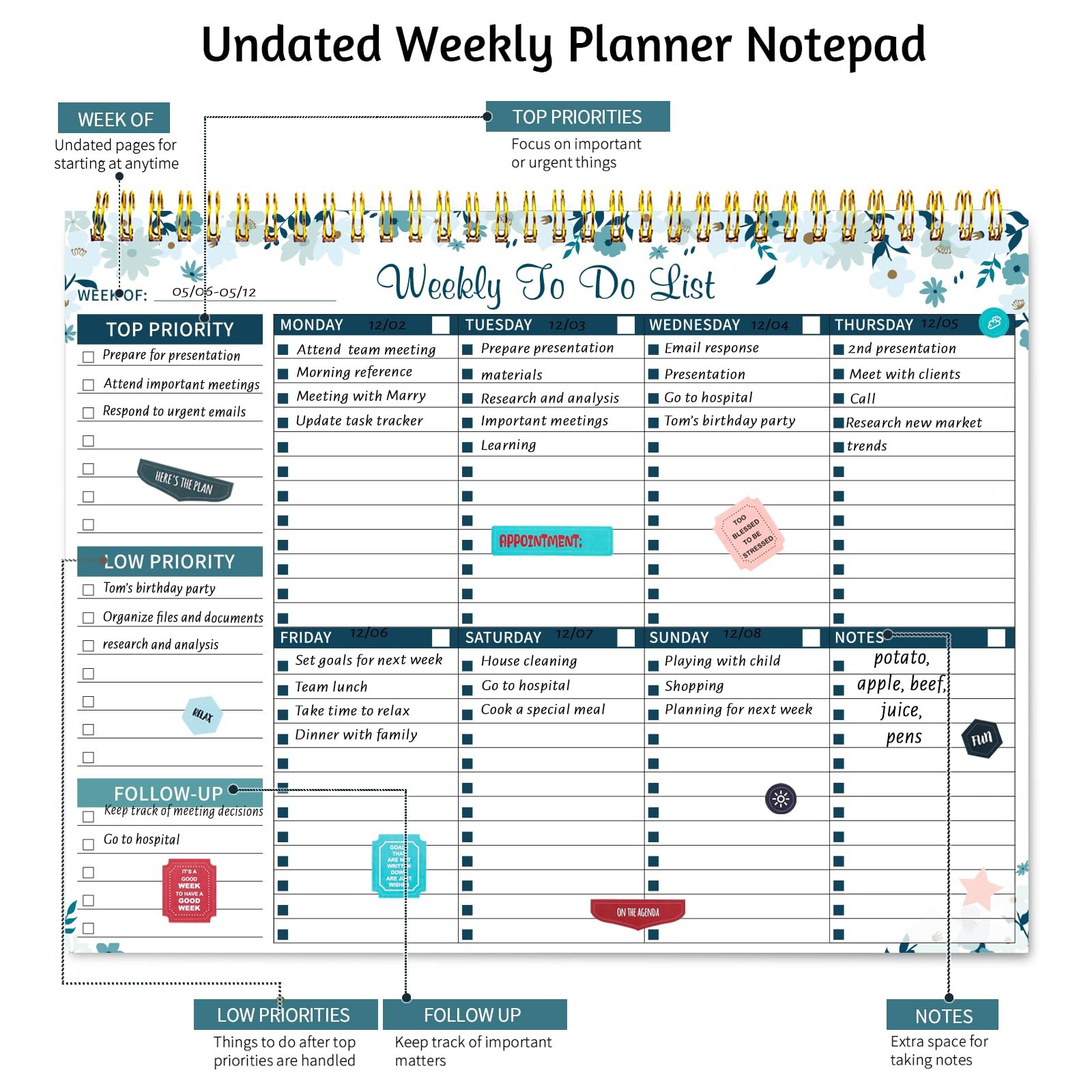 Thboxes 52 Sheets Weekly To Do List Notepad, 8.5″ x 11″ Efficiently Plan Blue