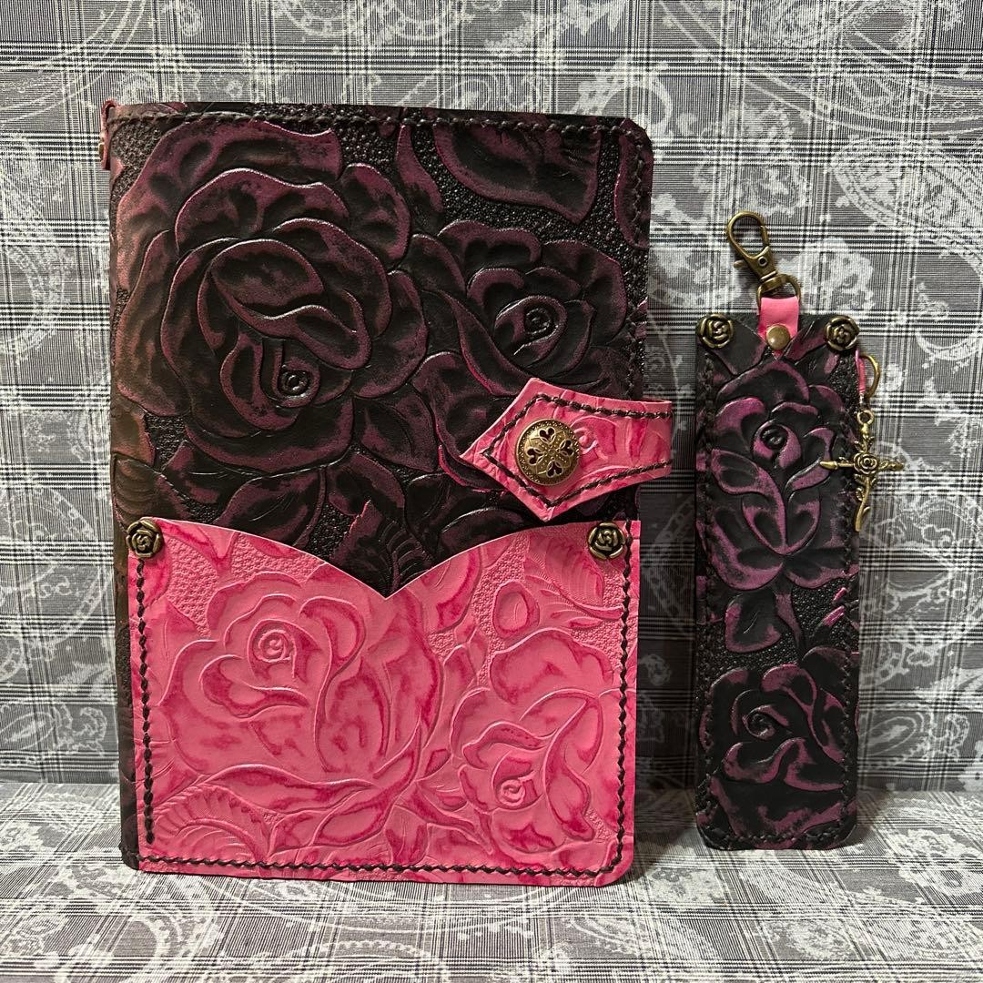 Genuine Leather B6 Notebook Cover Pen Case Pink Sparkly Black Used