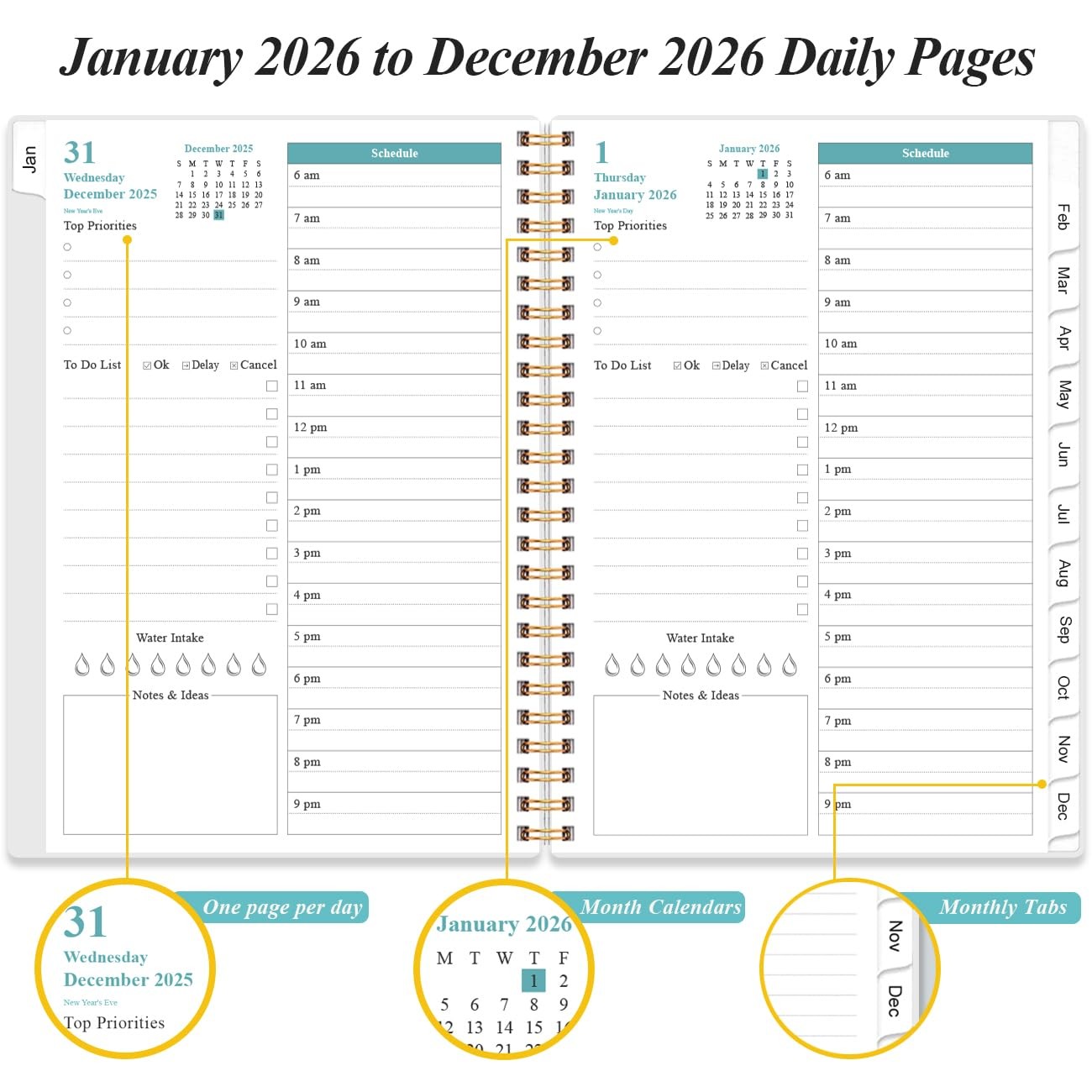 Planner 2026 One Page Per Day 12 Monthly Tabs 6.4″ x 8.5″ Rose Leaf