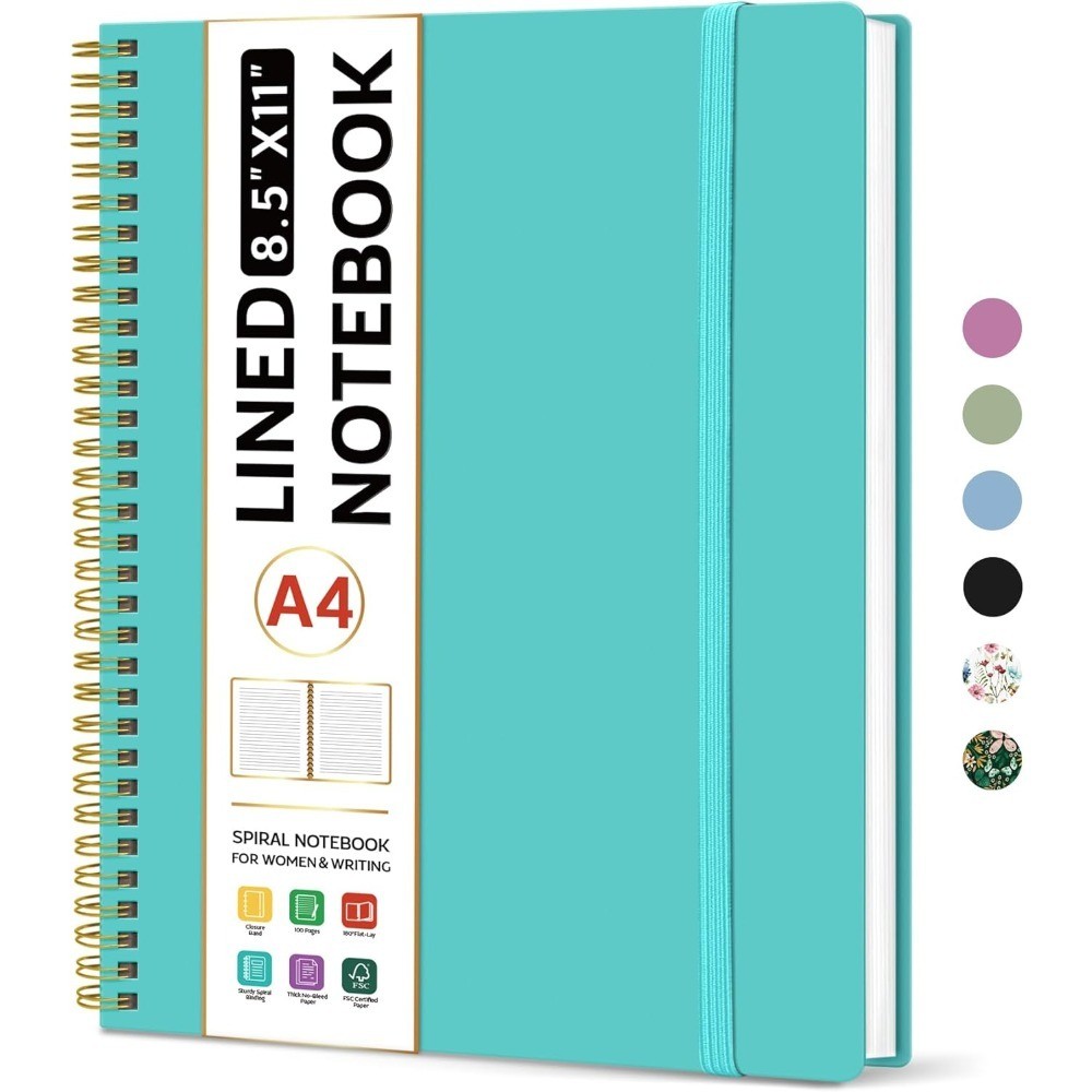 Spiral Bound Lined Notebook A4 Size College Ruled Journal with Plastic Cover for