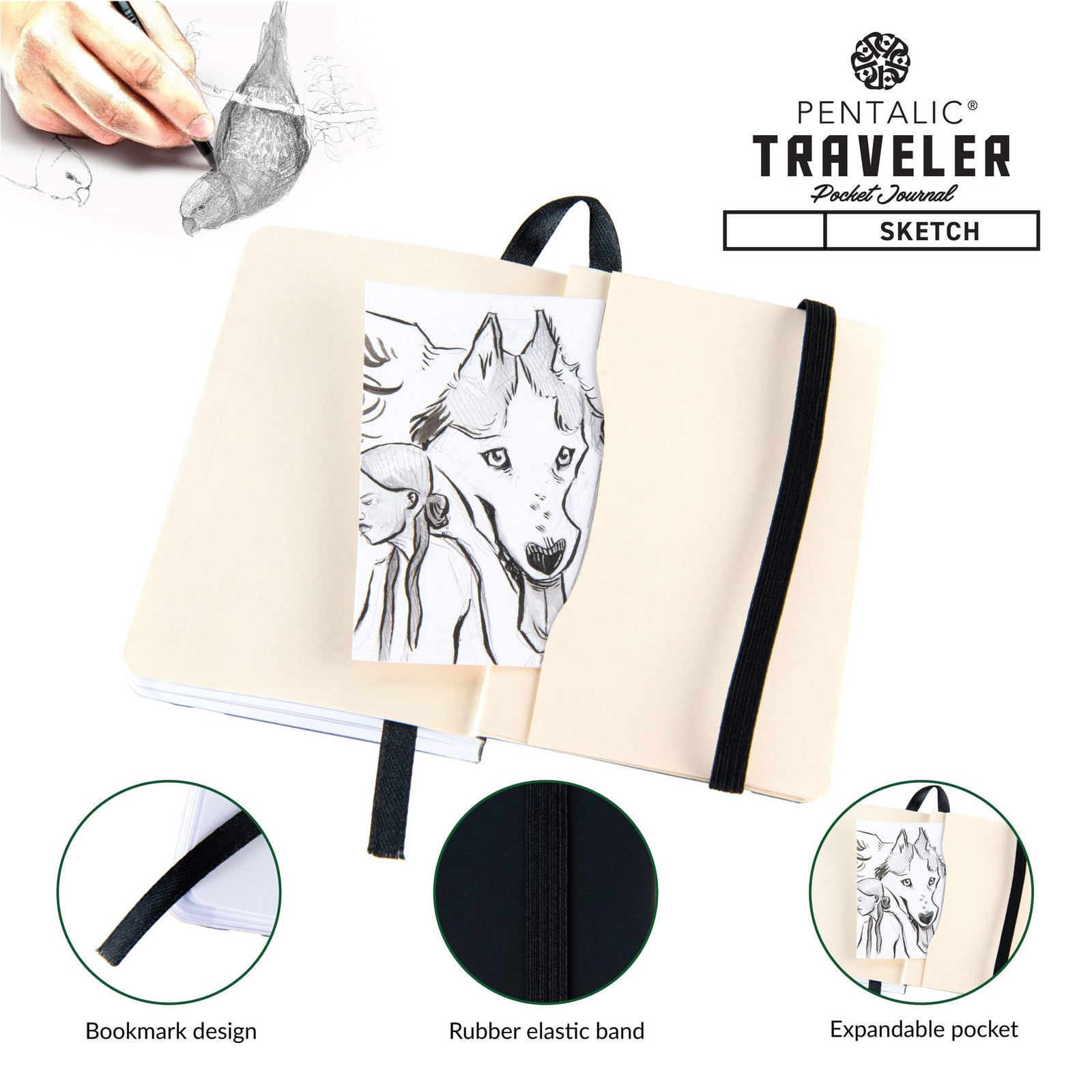 Pentalic 3″ x 4″ Pocket Sketchbook Traveler Journal, 160 Pages, Black