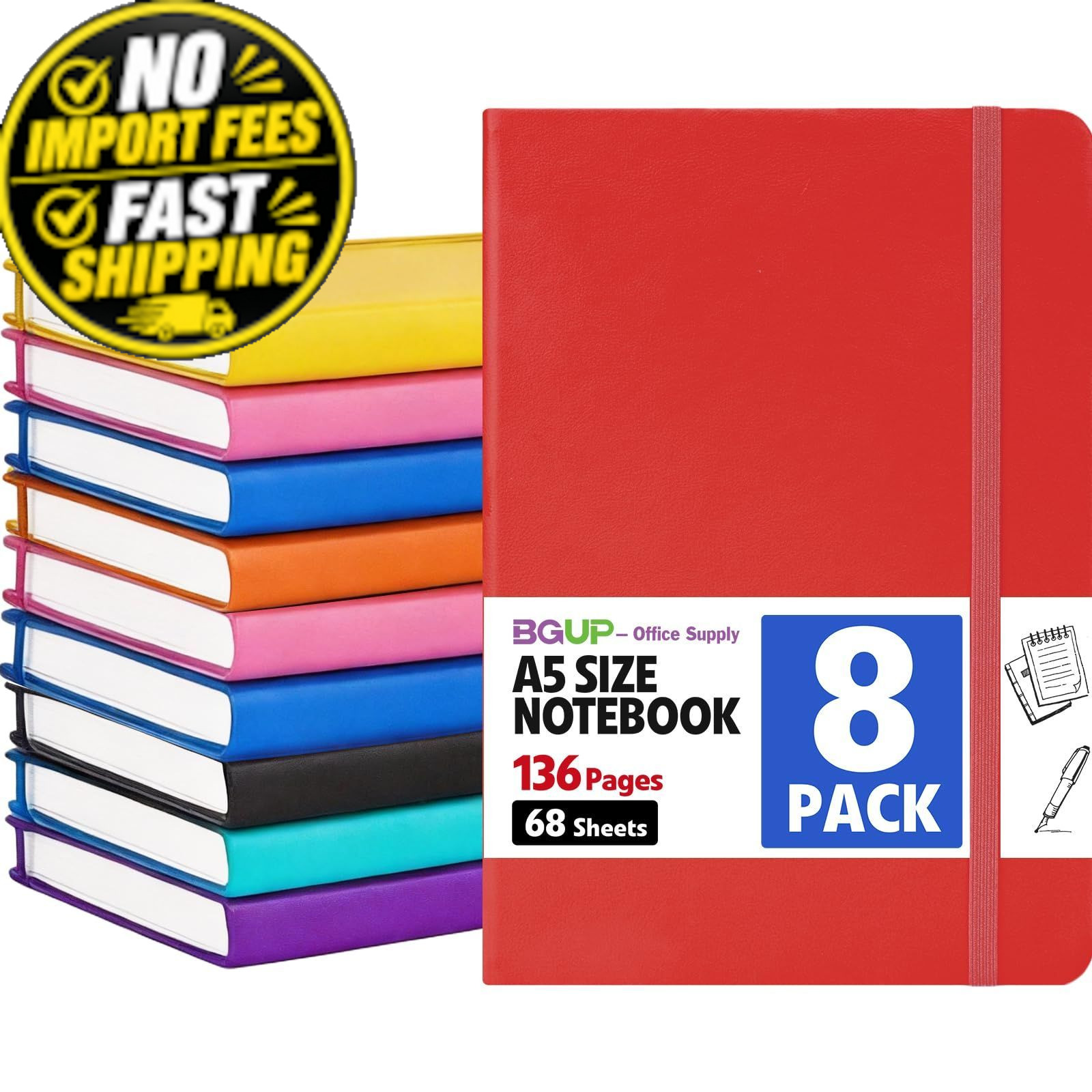 BGUP 8 Pack Lined Journal Notebook for Work, A5 Hardcover (5.5″ x 8.3″), C-8P