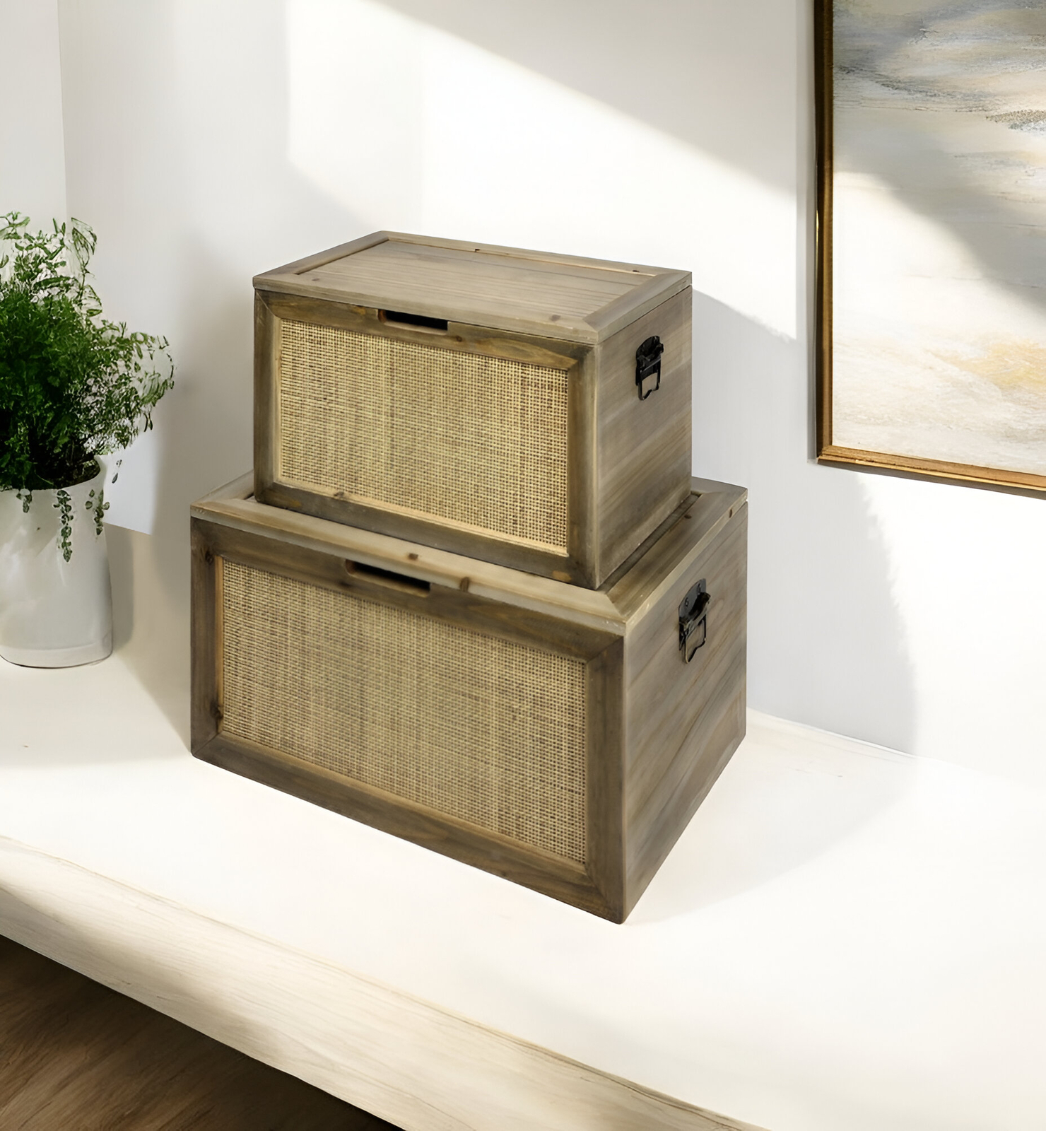 Set of Two Brown And Natural Cane And Solid Wood Box With Lid