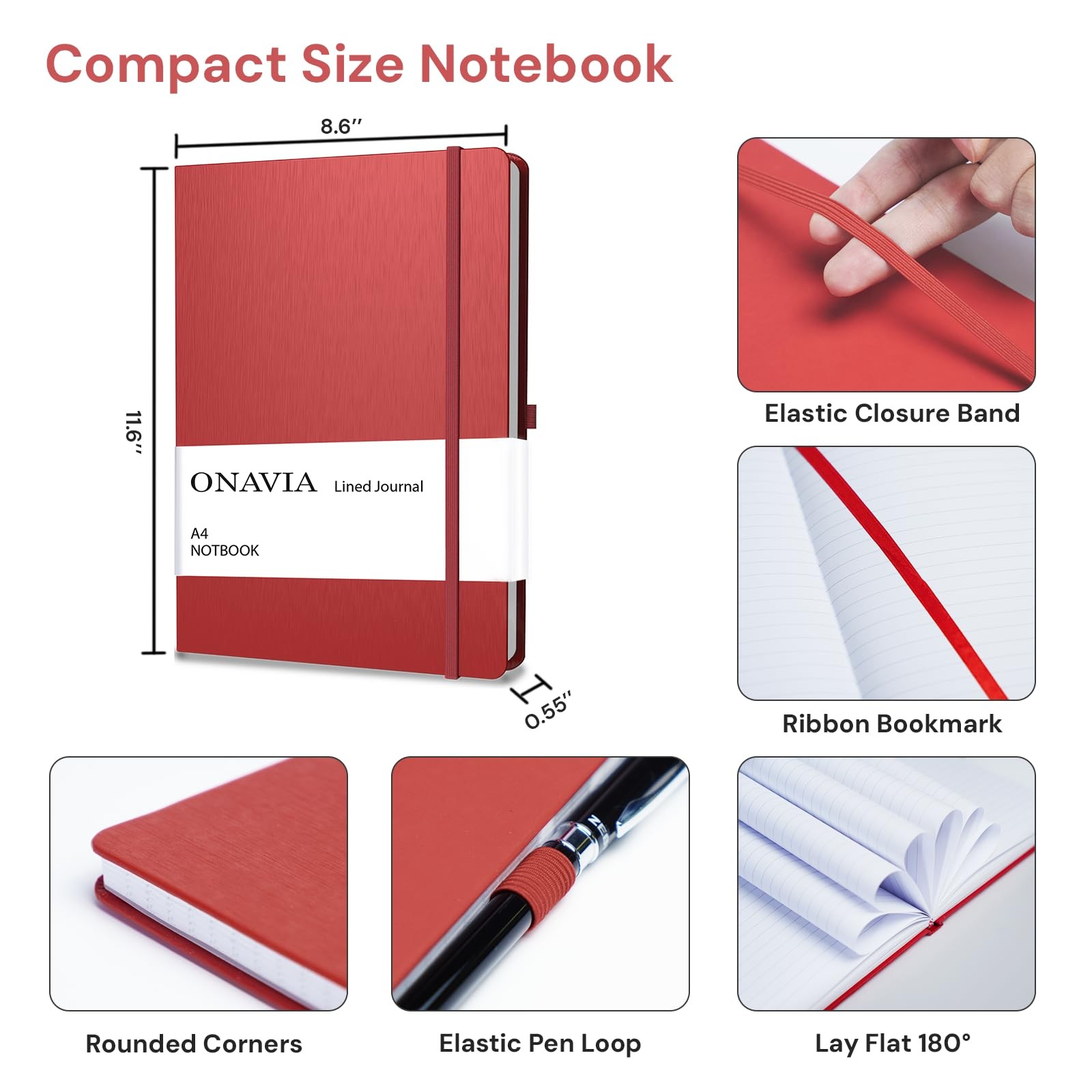 ONAVIA A4 Notebook Hardcover, 8.5″ x 11″ College Ruled Journal A4, Red