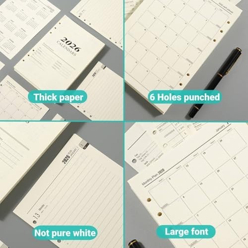 A5 2026 Weekly & Monthly Planner Refill, 176 Pages, 6-Hole Punched, Daily Calend