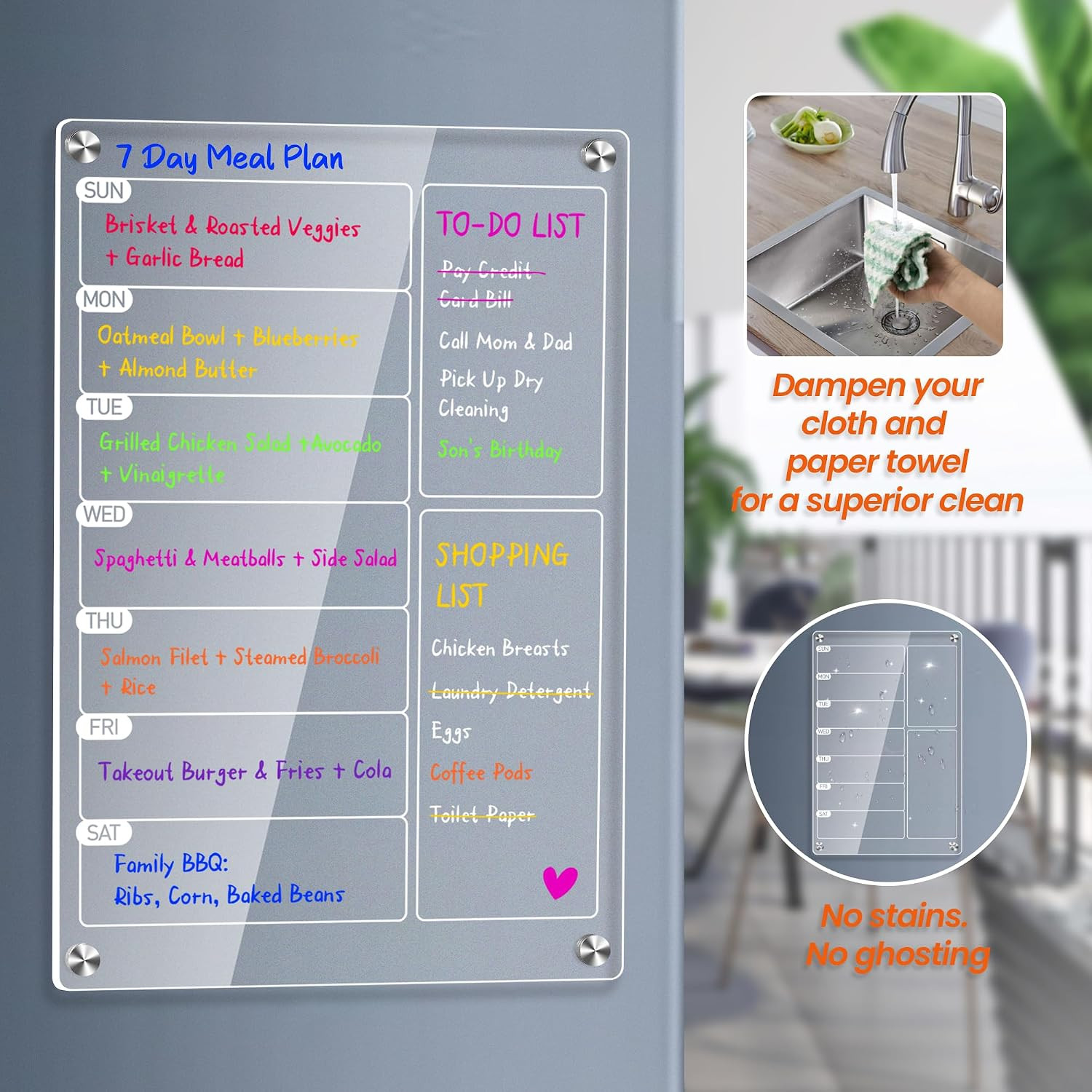 2 Pack Magnetic Acrylic Weekly Meal Planner Fridge Whiteboard Set with Markers