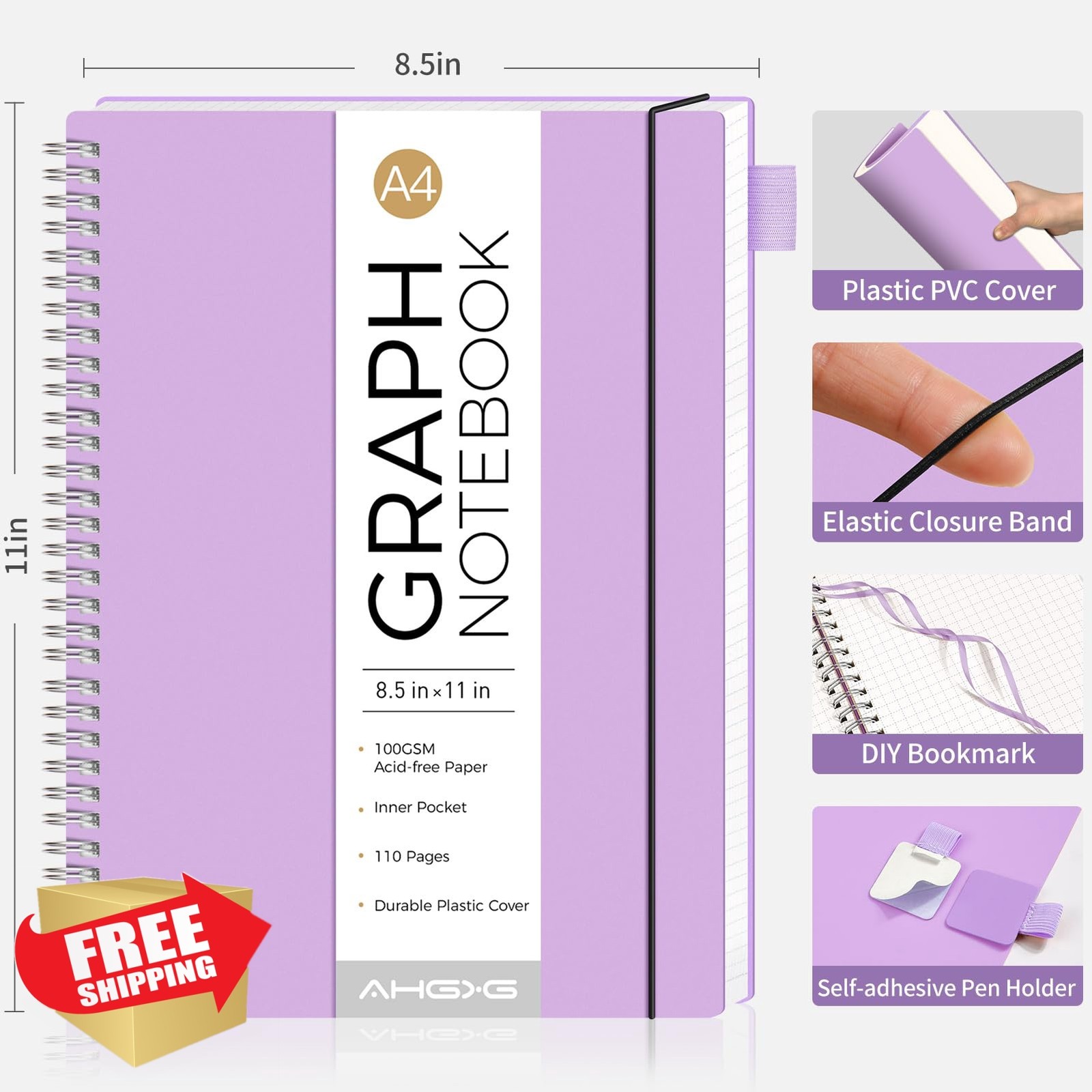 AHGXG A4 Purple Graph Notebook