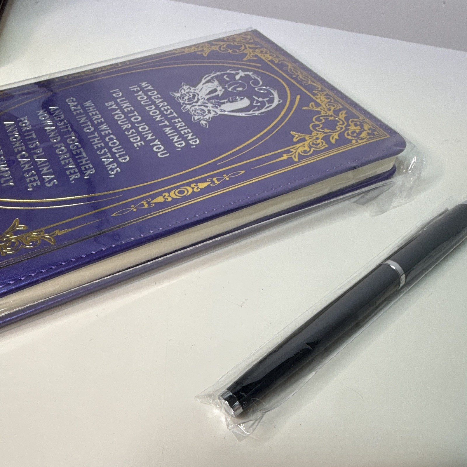 Purple Faux Leather Blank Journal/Diary Notebook w/ Gold Quote Cover & Pen