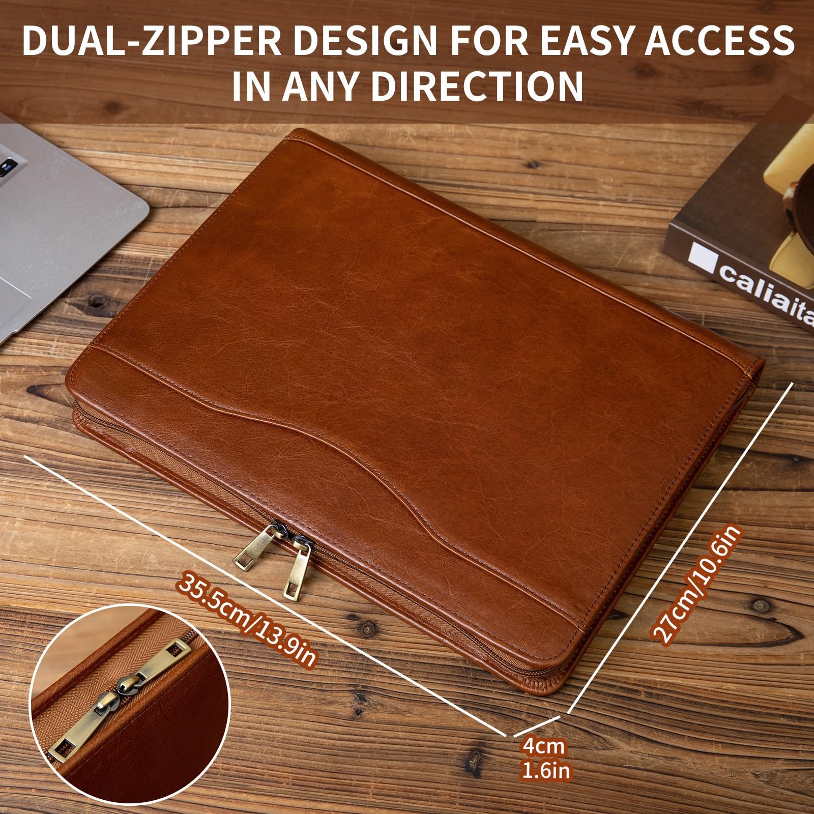 Handmade Leather 3 Ring Binder Portfolio with Front Pocket, Zippered Padfolio…
