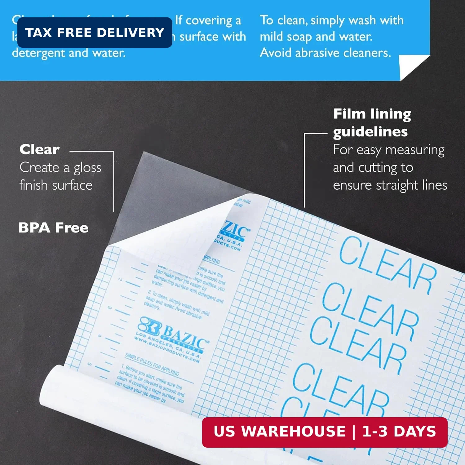 BAZIC Products Clear Self-Adhesive Book Cover Roll, 17.5 in x 5 Ft | 17.5 in x 5