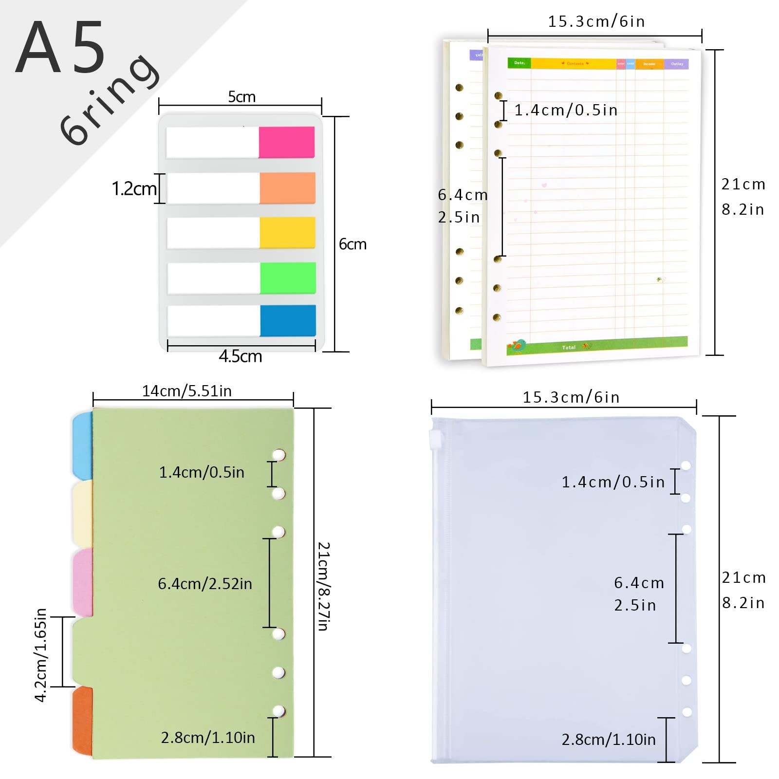 Rancco A5 Budget Planner Refill Paper, 90 Pages Colorful 6-Ring A5, Financial