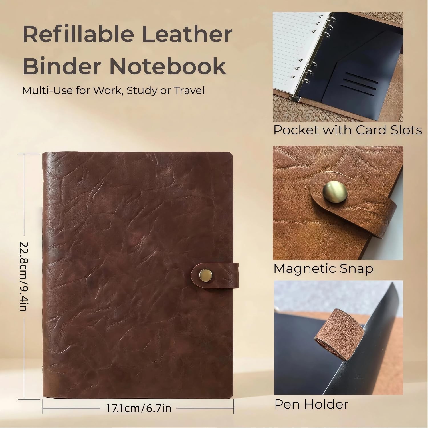 Refillable A5 Leather Binder Journal Soft Cover Notebook, Vintage Coffee