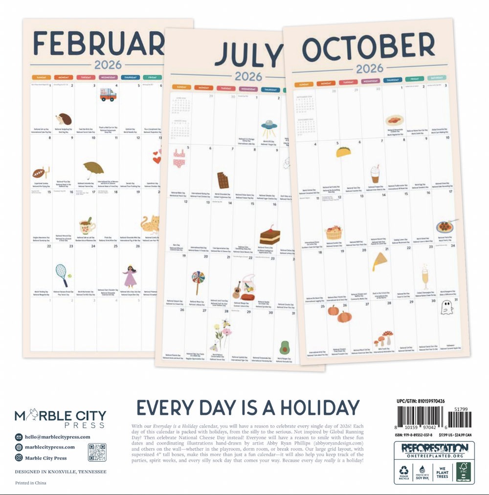 Every Day Is A Holiday 2026 | 12″ x 24″ 12 Month Calendar | Marble City Press
