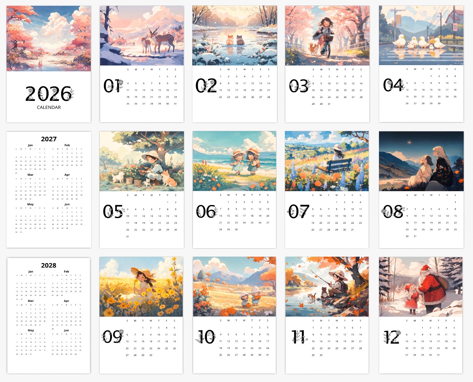 Kawaii Nature Scenes 2026 Desk Calendar, Vertical Calendar with Wood Stand 4″x6