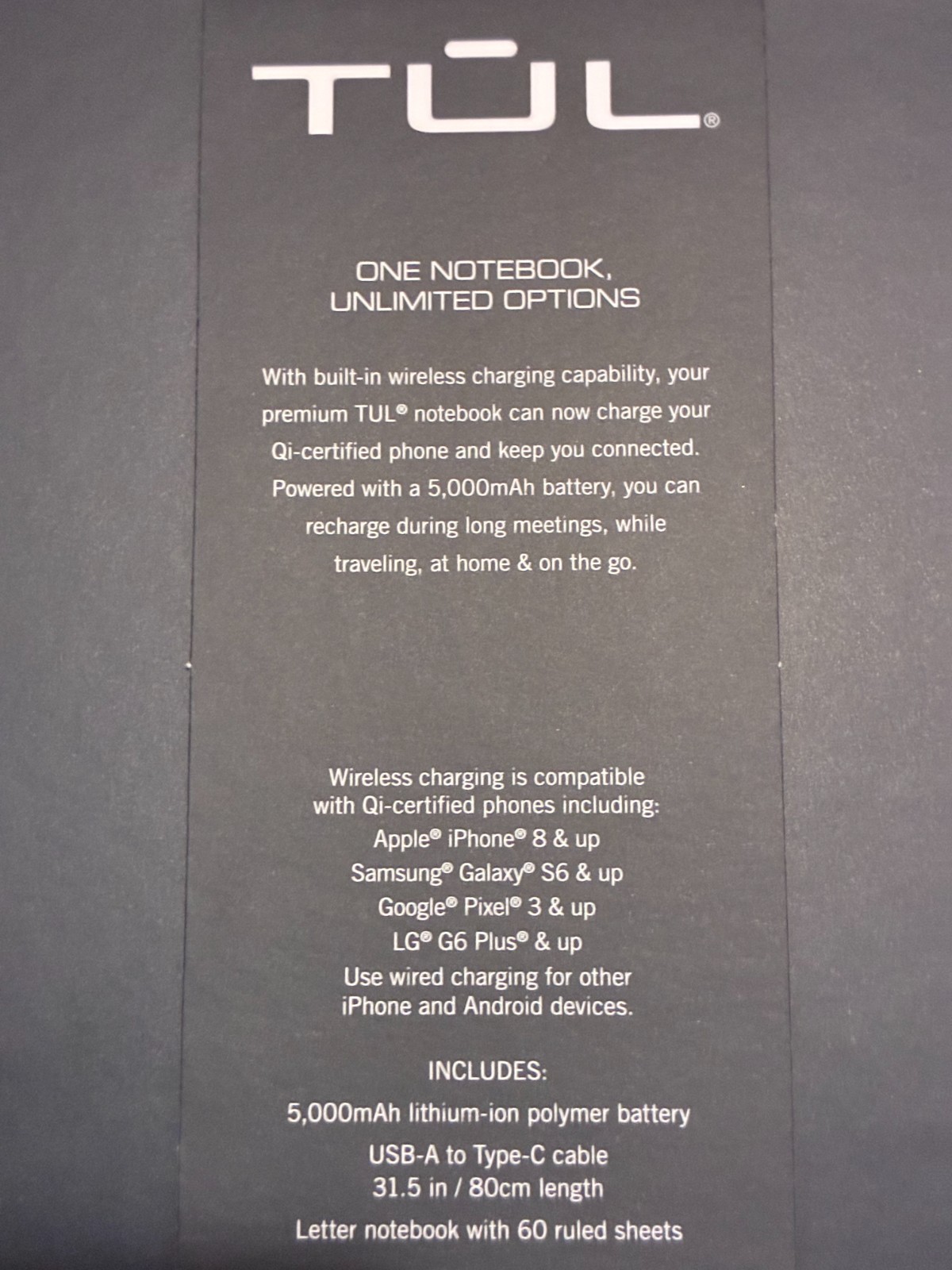 Black TUL Wireless Charging Notebook (5,000mAh battery) – NEW IN BOX