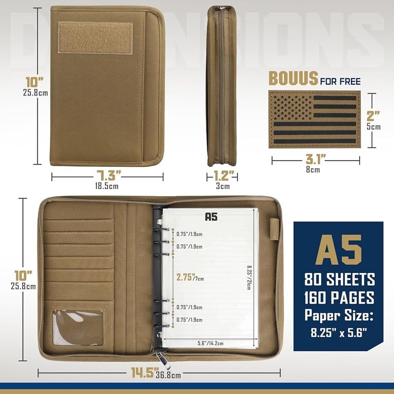 Refillable 6-Ring Binder A5 Notebook Tactical Portfolio Organizer Multi-Pocket