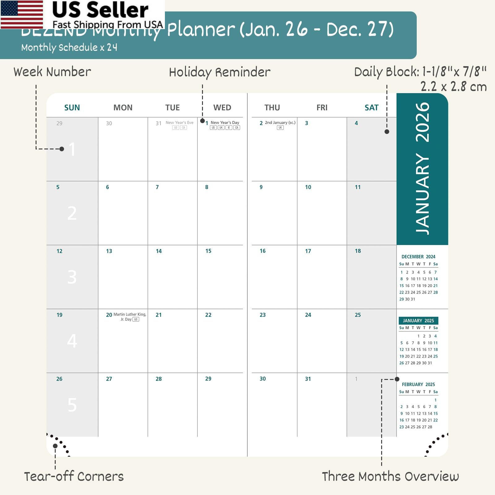 BEZEND Pocket Monthly Planner 2026-2027 (3.5″ x 3.5″ x 6.5″, Blueberry