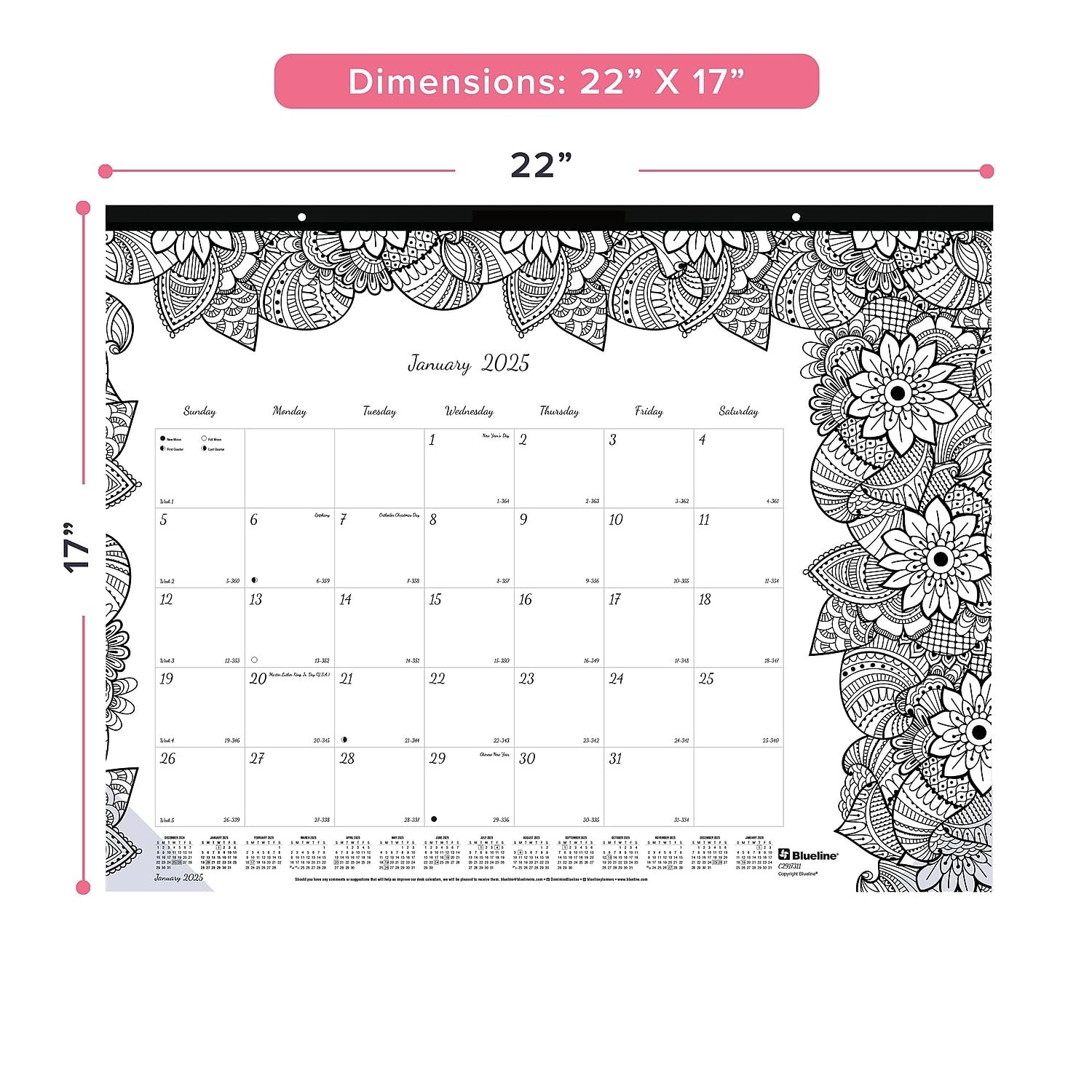 2025 Blueline DoodlePlan Botanica 22-inch x 17-inch Monthly Coloring Black