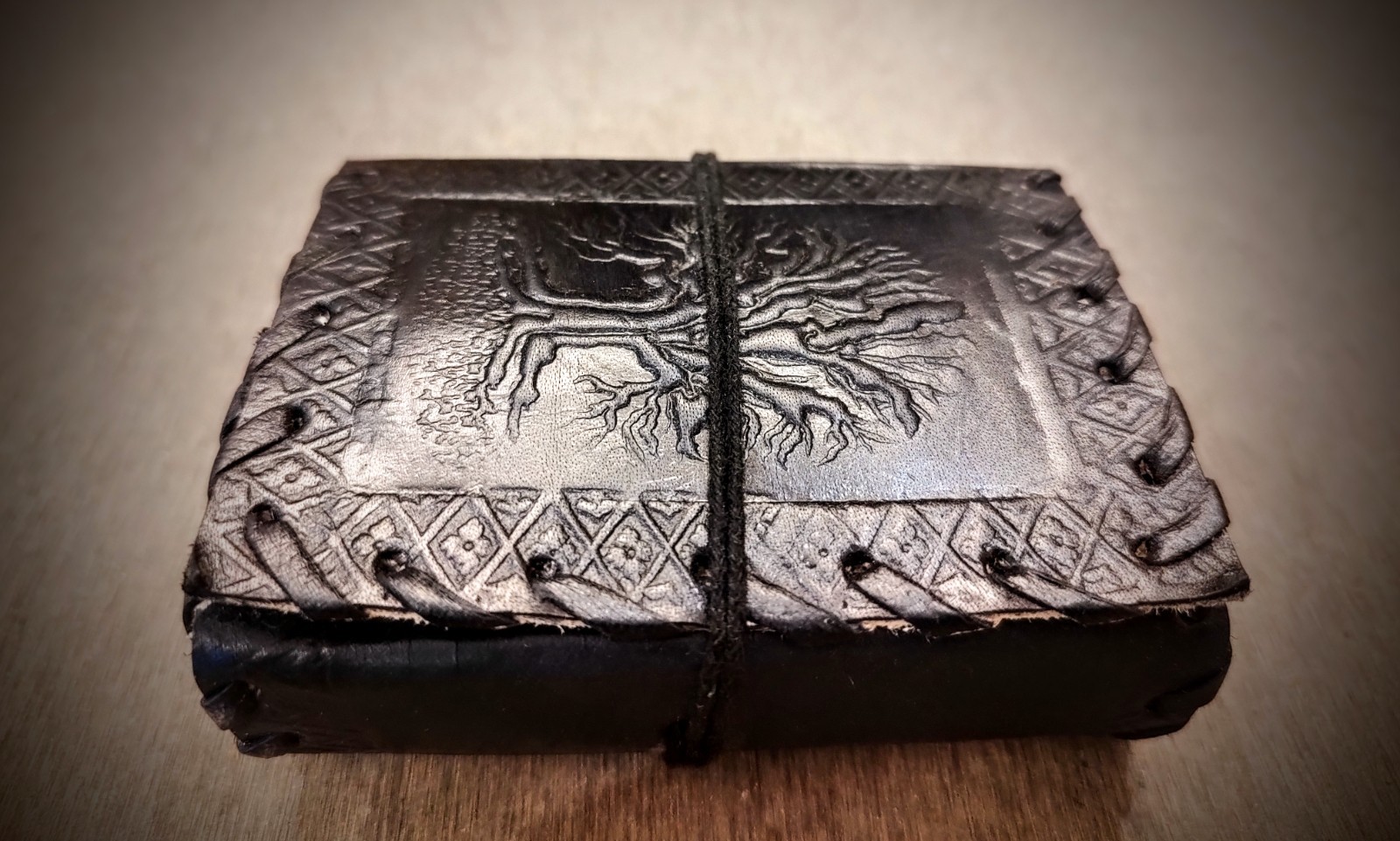 Handmade Black Tree of Life Leather Pocket Journal – 3×4 Inch Refillable Notepad