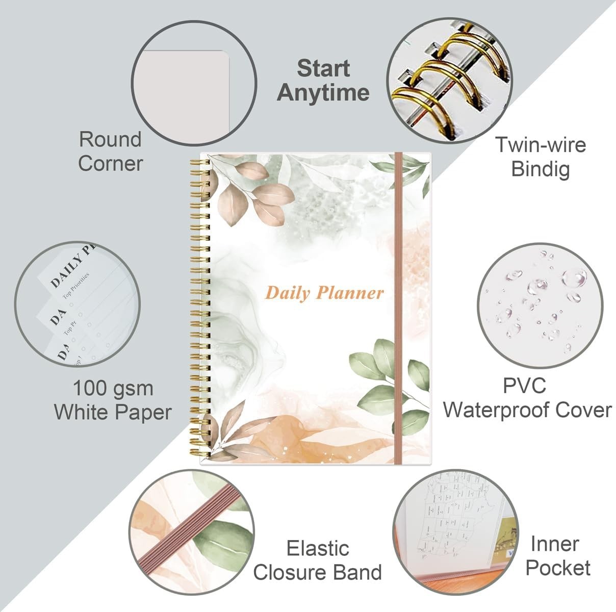 Elegant Undated Daily Planner – B5 Size, 150 Pages, Spiral Organizer, Rose Leaf