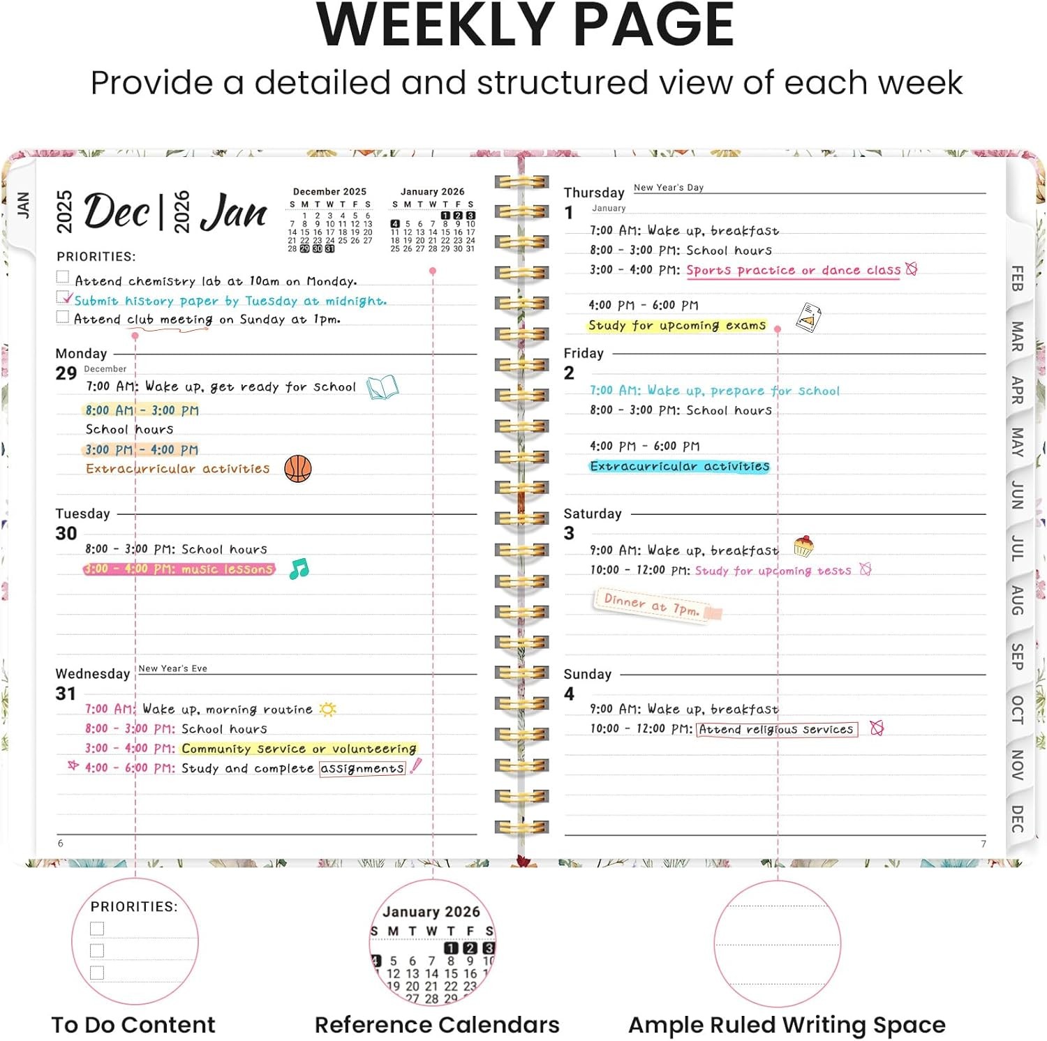 2026 Weekly and Monthly Planner Hardcover Spiral Bound Wildflowers 6.3″ x 8.5″