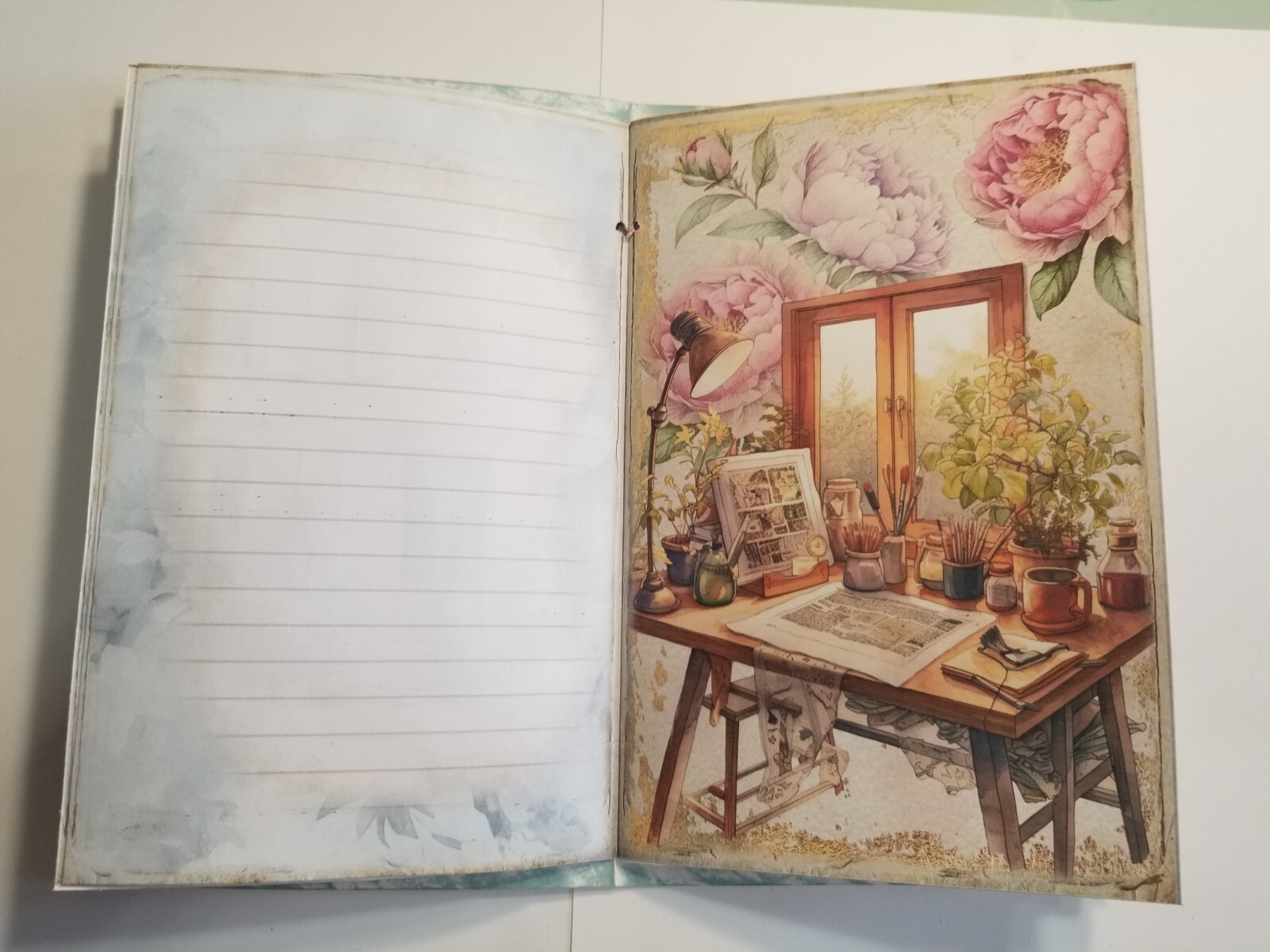 Junk Journal Blank Booklet “ARTIST’S STUDIO” HANDMADE PAINTING LG 8.5″x5.5″ 40pg