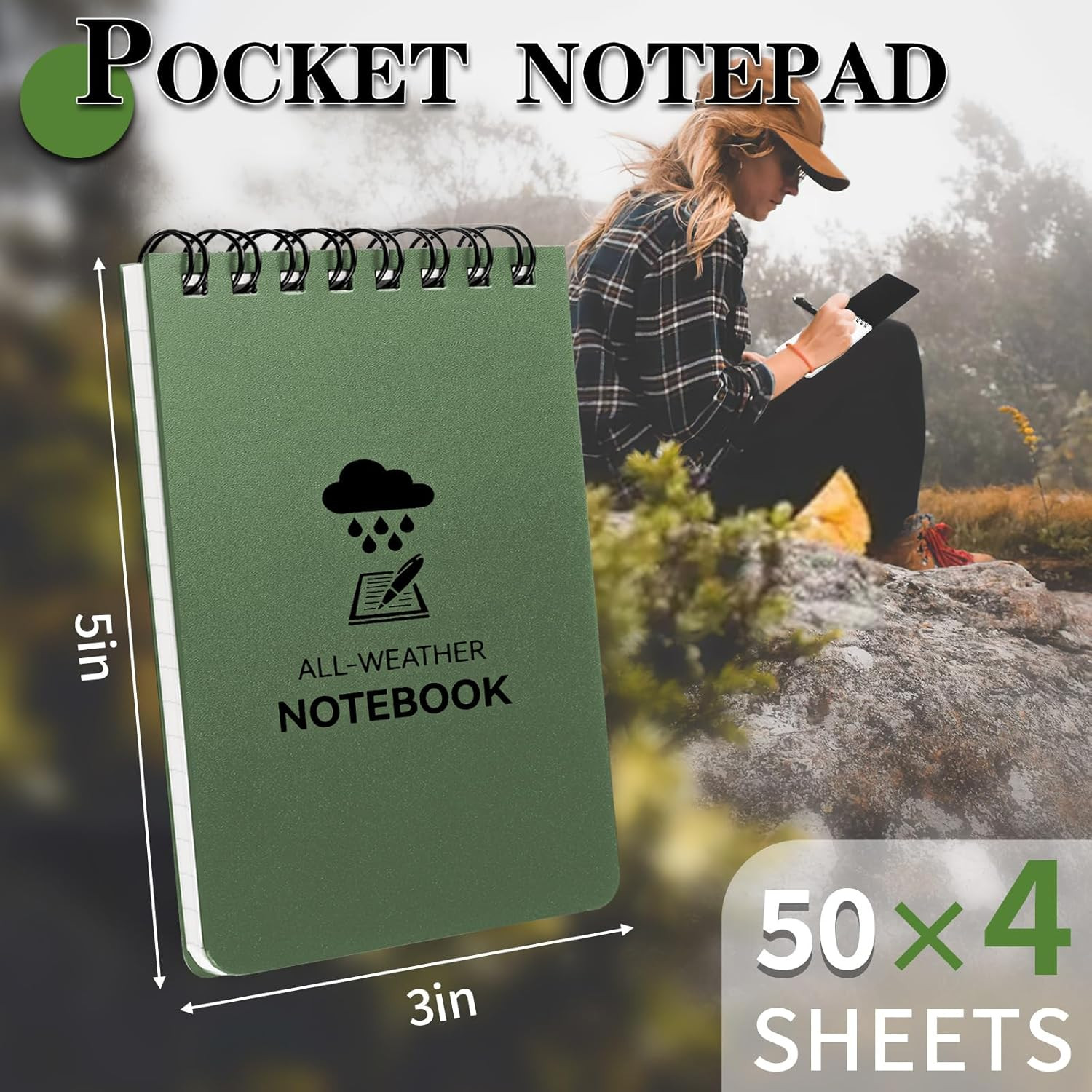Waterproof Notebook, 4 Pack Top-Spiral Pocket Notepad, 3″ X 5″ Weatherproof Note