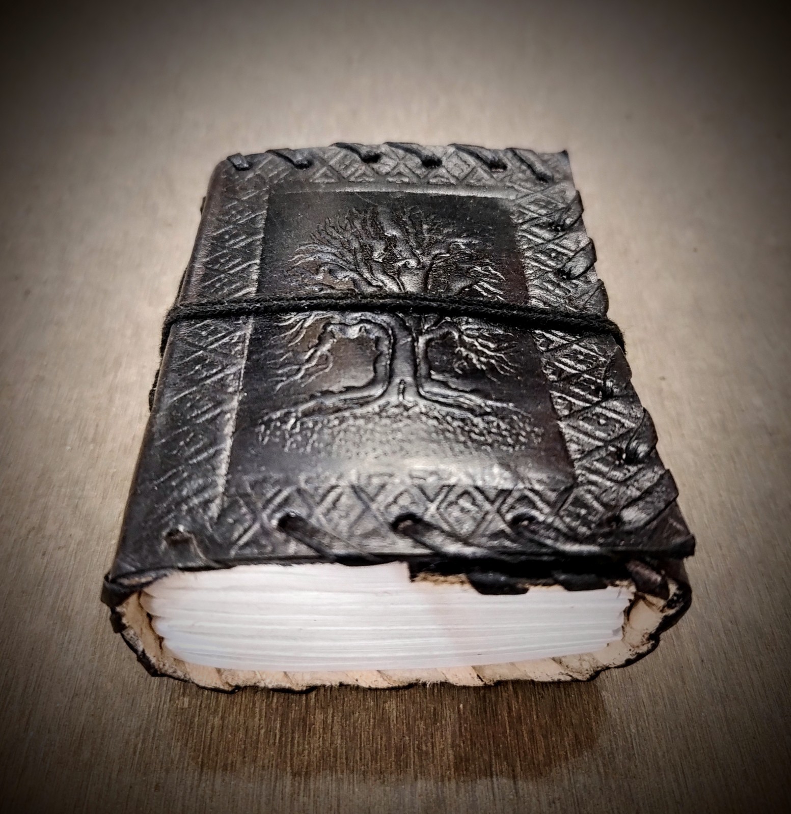 Handmade Black Tree of Life Leather Pocket Journal – 3×4 Inch Refillable Notepad