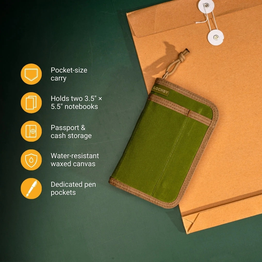 LOCHBY Pocket Journal Olive Green |Notebook Cover | Water Resistant Waxed Canvas