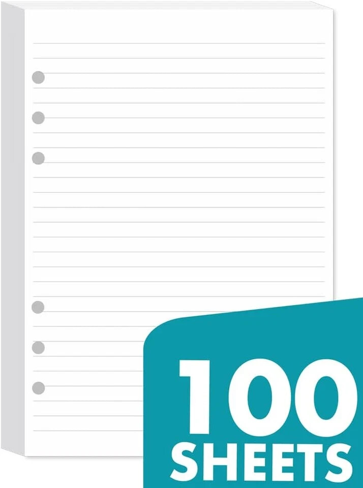 A5 Lined Paper 6-Hole Punched, 100 Sheets (200 Pages), Compatible with A