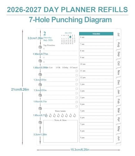 2026-2027 Daily Monthly Planner Refills 1 Page Per Day 7-Hole Punched