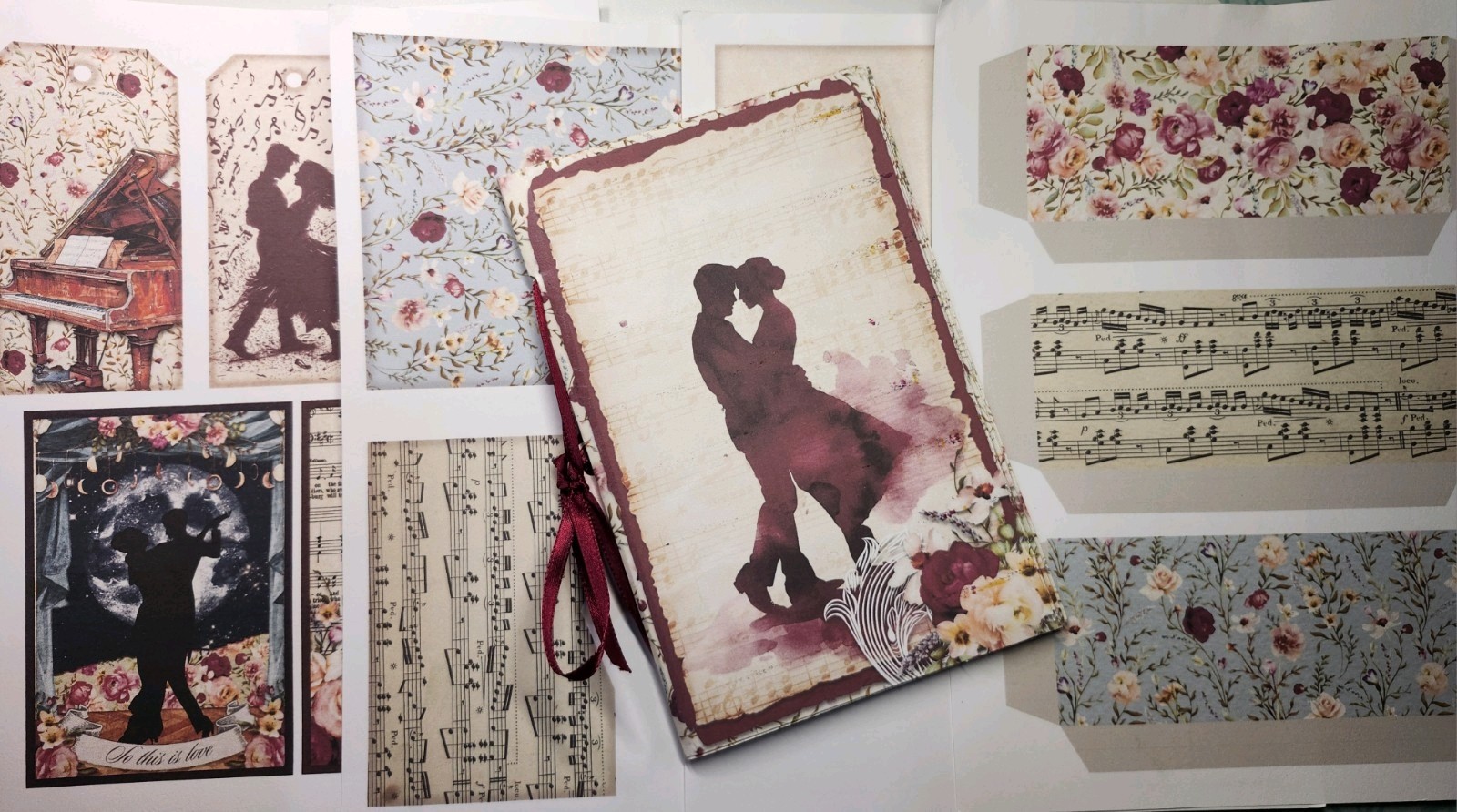 Junk Journal Booklet “SO THIS IS LOVE” Floral, Love & Romance, Music LG 9X6 40pg